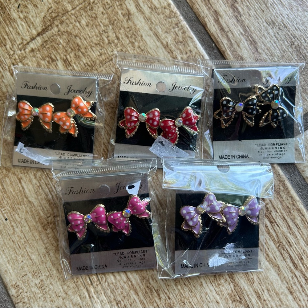 NWT Polka Dot Bow Chunky Ribbon Earrings Bundle Coquette Girly Girl Jewelry x5
